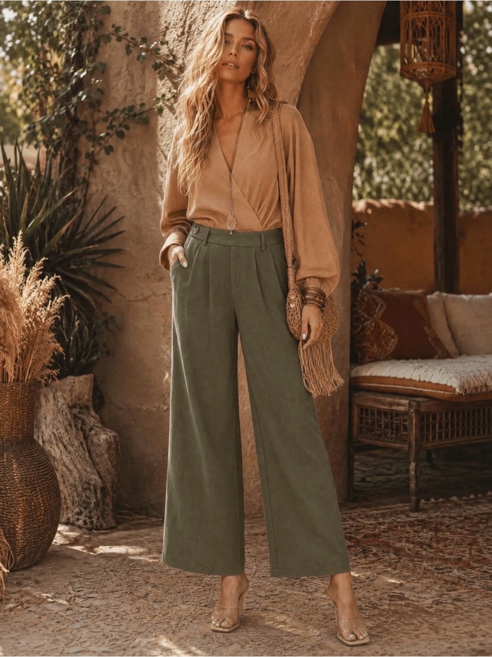 #1457 Italy - OZ Wide-Leg Olive Green High-Waist Pants